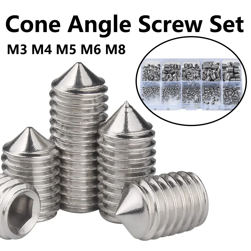 

250pcs/Box 304 Stainless Steel Hex Hexagon Socket Set Cone Point Screws Grub Screw M3 M4 M5 M6 M8