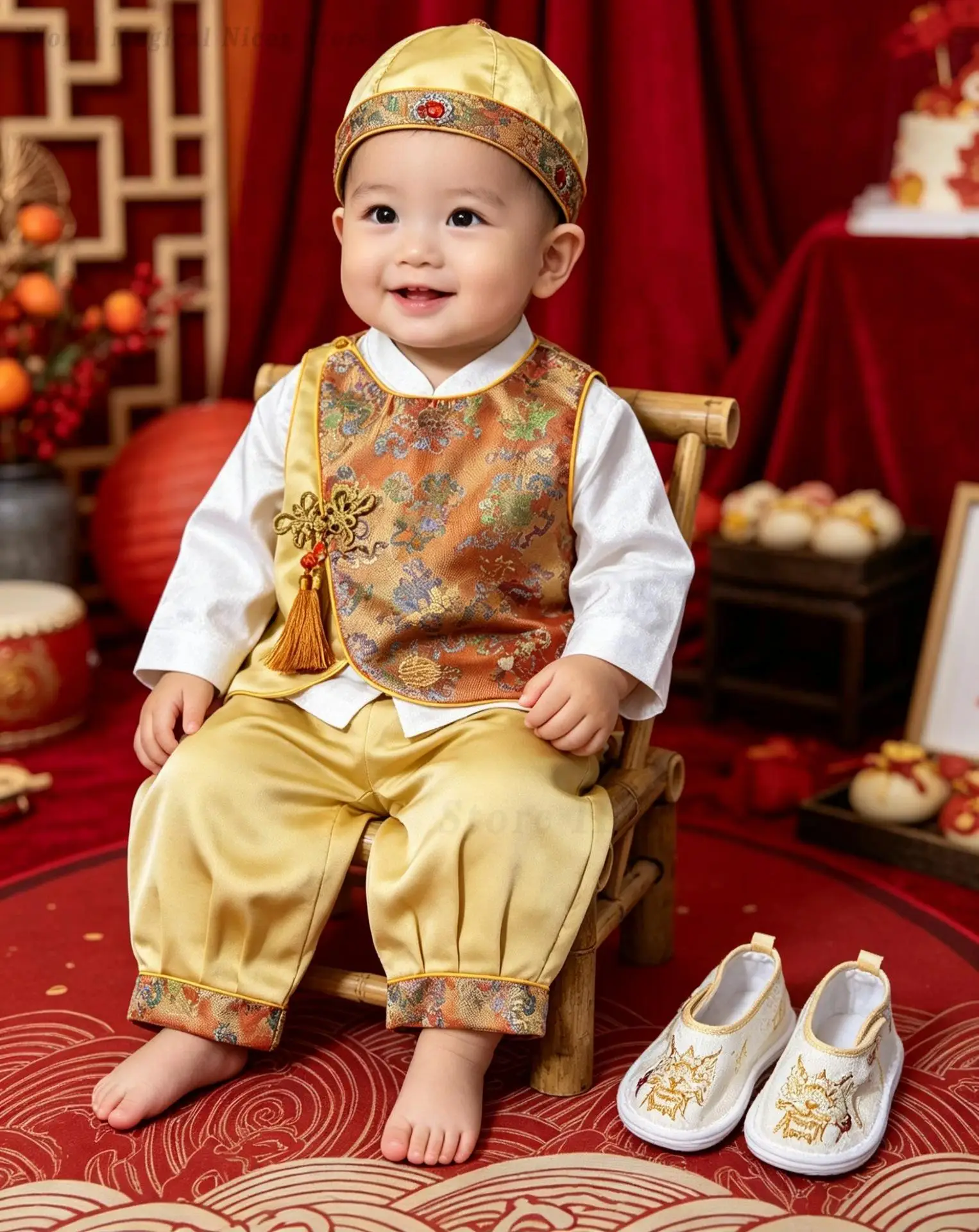 Spring Autumn Baby Boy Tang Suit New Chinese Golden Waistcoat Outfit 1St Birthday Zhuazhou Festive Infant Party Costume