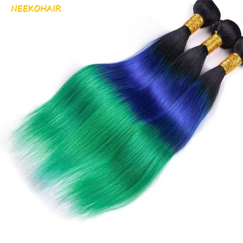 Ombre 3t 1B-Blue-Green 3 Bundles With 4x4 Closure Weave Straight Remy 100% Human Hair 1B-Blue-Green 3 Bundles With 13x4 Frontal