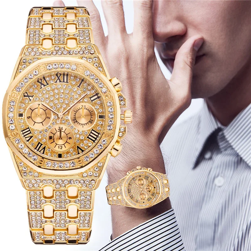 Men Luxury Diamond Watches  Gold Stainless Steel Quartz Wristwatches Fashionable Lady Noble QuartzClock Gift Relogio