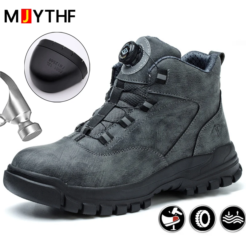 Botas de trabajo con botones giratorios para hombre, zapatos de seguridad con punta de acero, zapatos protectores a prueba de perforaciones, zapatos