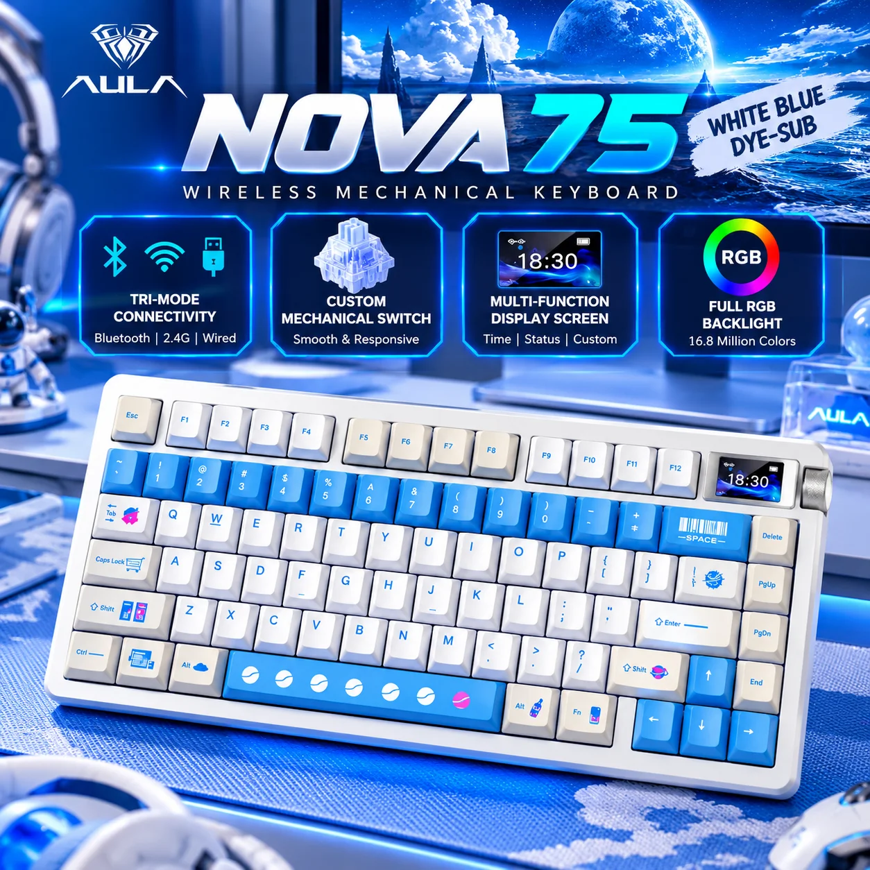 AULA NOVA75 80-Key Mechanical Gaming Keyboard Tri-Mode Wireless RGB Hot Swappable TFT Screen Knob