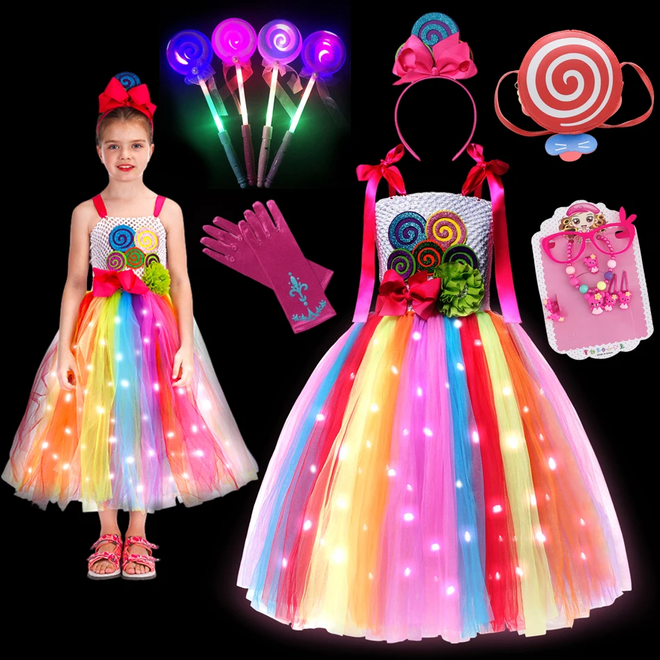 

2025 Purim Girls Dress Children's Rainbow Candy Dress Birthday Carnival Party Mesh Princess Dress Lollipop Flower Costume Set