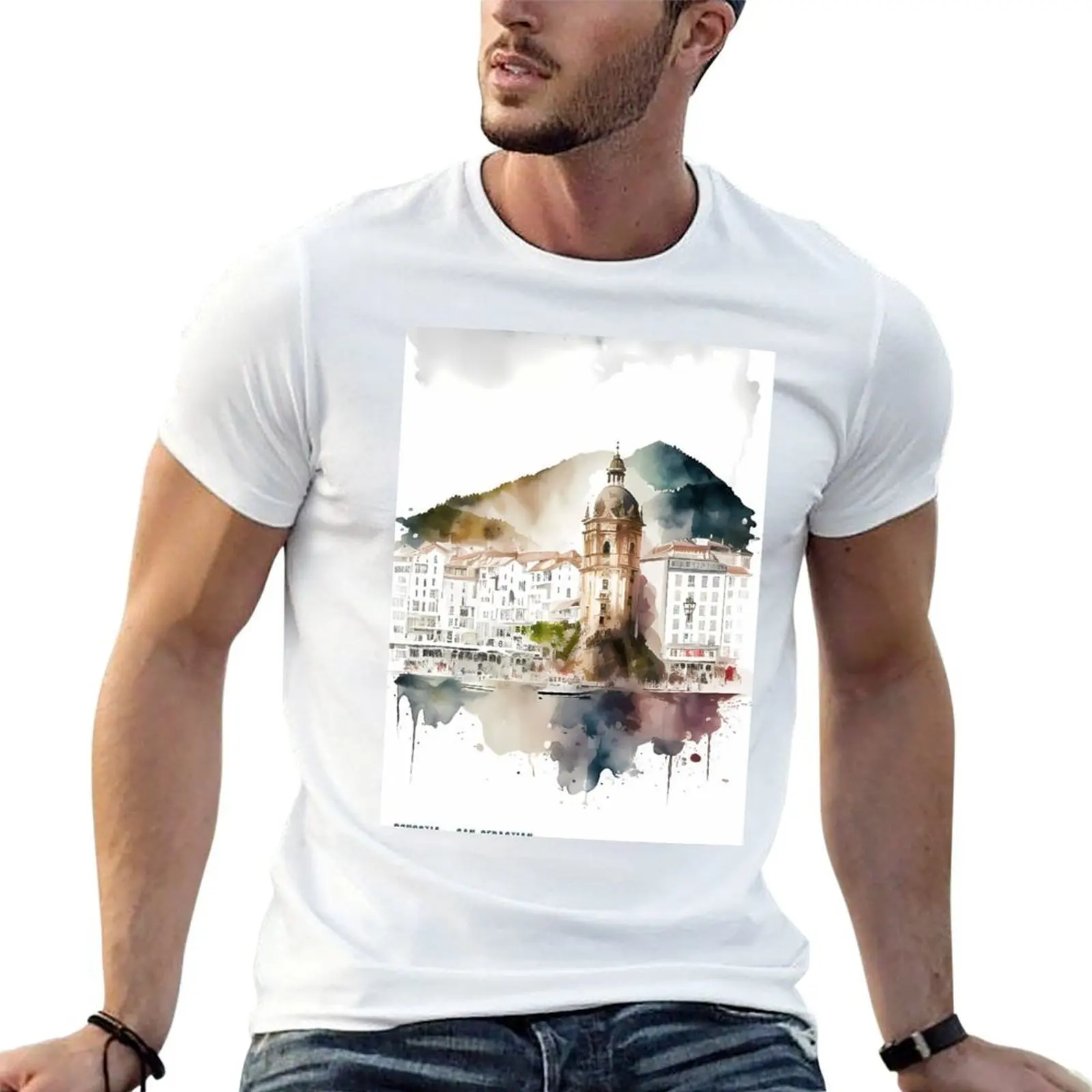 DONOSTIA : Oh Donostia! T-shirt avec motif poème sur aquarelle pour homme, t-shirts graphiques pour homme, t-shirt en coton 100%