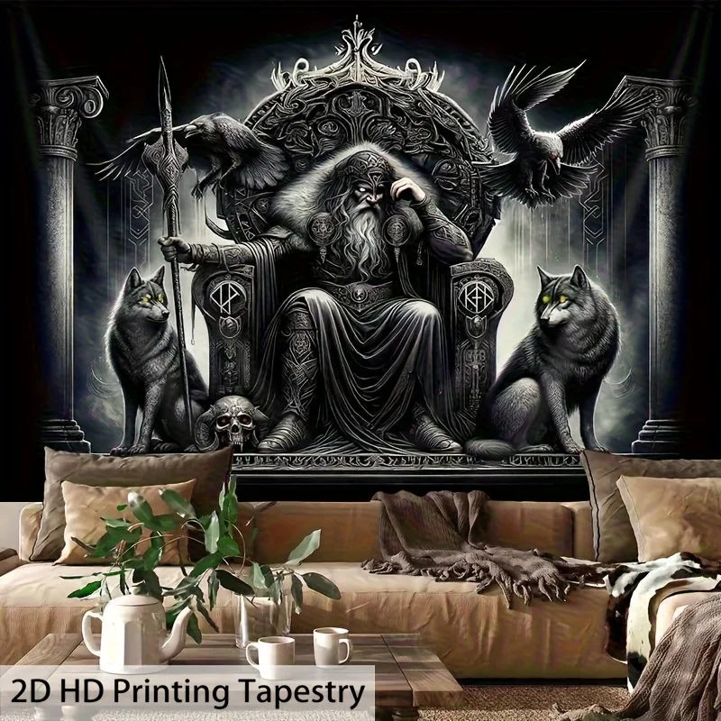 Odin Throne Tapestry, Norse God with Ravens and Wolves in Dark Hall, Viking Mythology Wall Art for Living Room Bedroom Decor