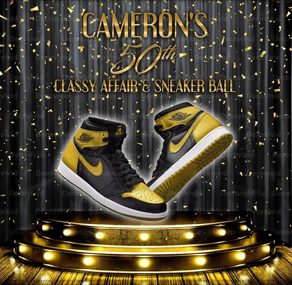 

Custom Sneaker Ball Gold And Black Step And Repeat Sneaker Gala Stage 50th Birthday backdrops party background