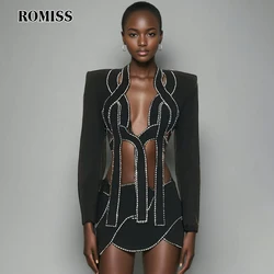 ROMISS Patchwork Diamonds Two Piece Set For Women V Neck Long Sleeve Short Top High Waist Mini Skirts Crisscross Sets Female