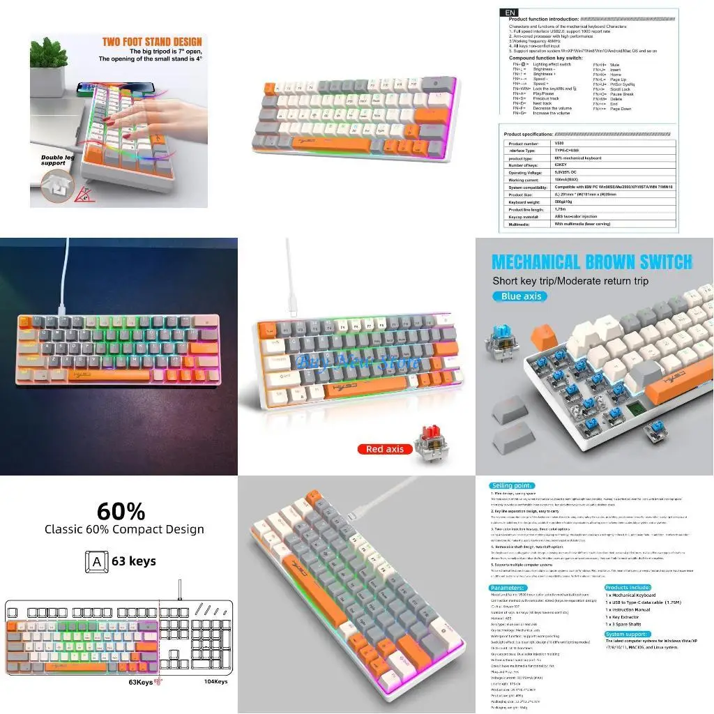 

20CE RGB Backlight UltraCompact Mini Keyboards 63 USB Wireds Keyboards for PC Gamers