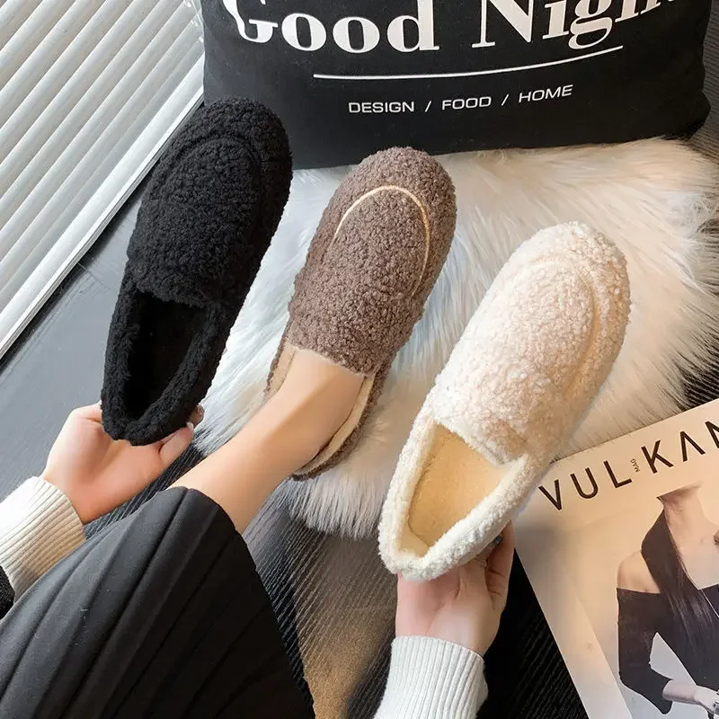 2022 Luxury Lambswool Cotton Shoes Women Loafers Winter Warm Fur Plush Casual Flats Slip on Autumn Mocasines Mujer