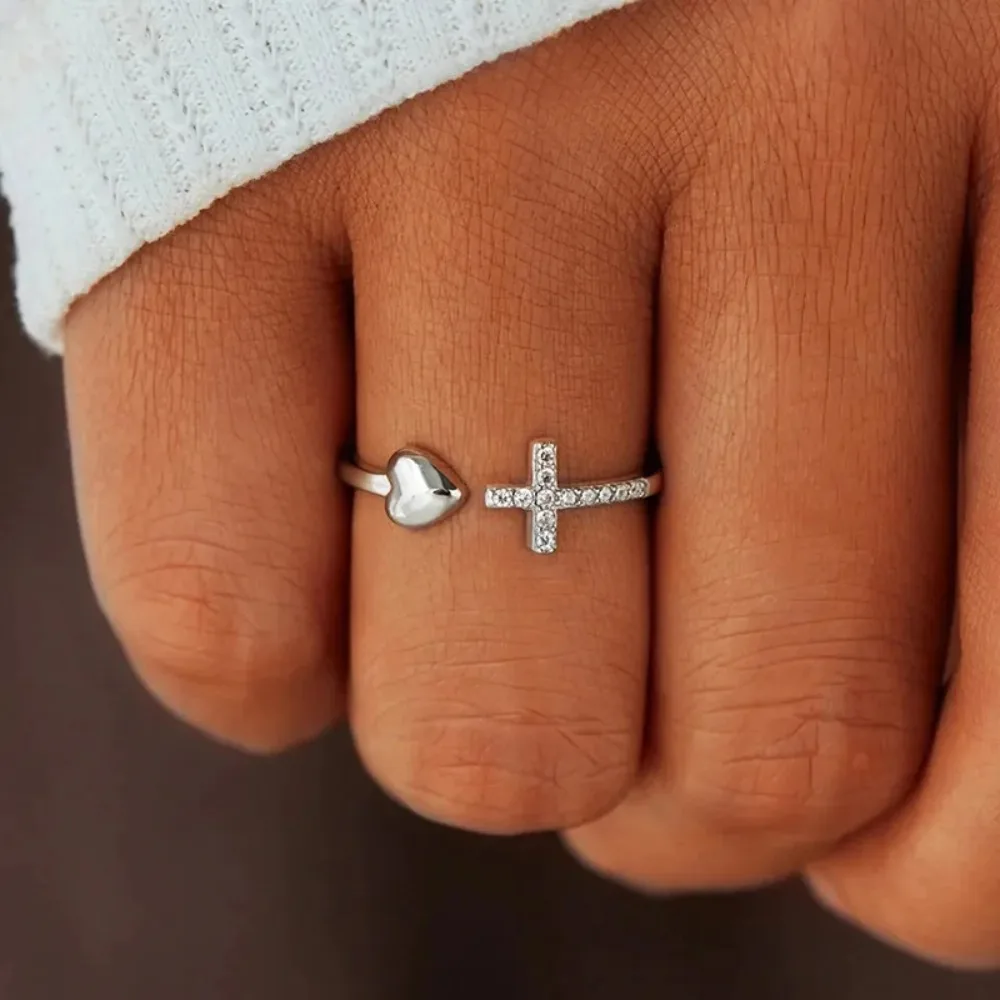 New Minimalist Micro-inlay Zircon Smooth Surface 3D Heart Cross Rings for Men Women Valentine's Day Couples Finger Jewelry Gift