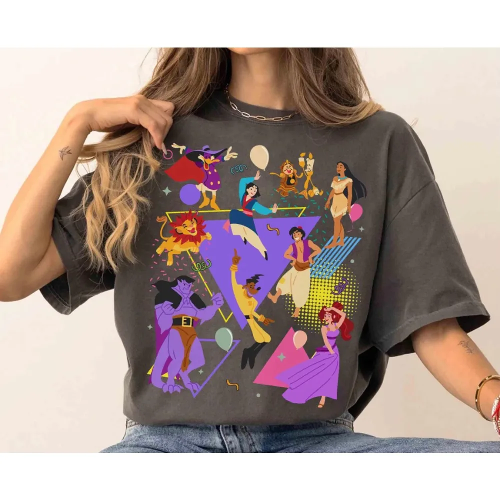 Camisas Retro de personajes de Disney de los años 90 Powerline Aladdin Simba Pocahontas Cogsworth, Camiseta de algodón de gran tamaño para hombres y mujeres