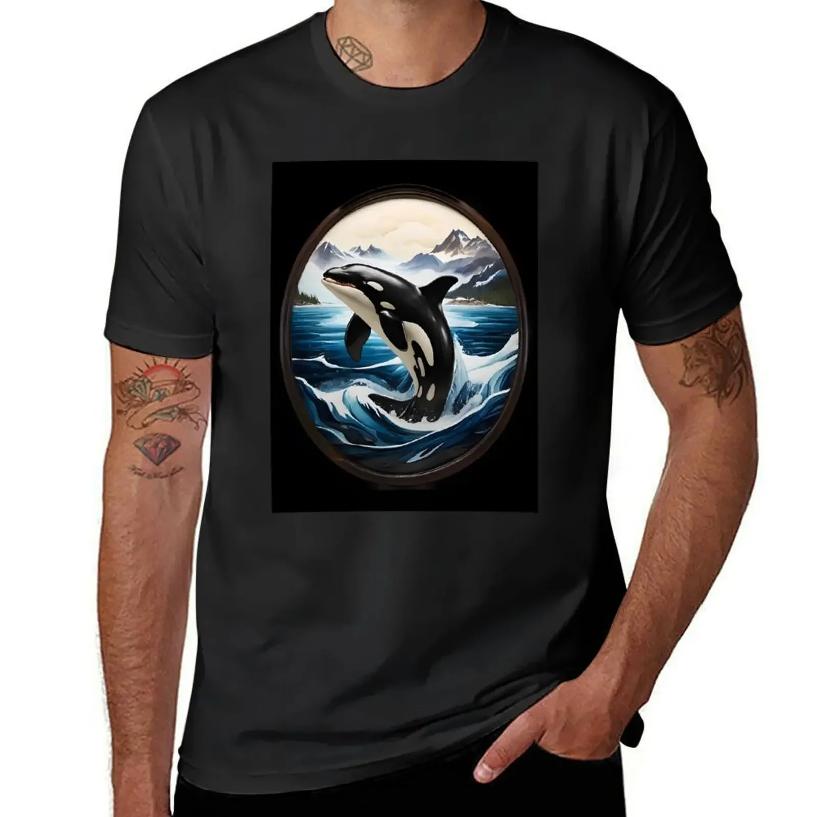 Alaskan Orca T-Shirt street wear blue archive vintage graphic tee summer clothes slim fit t shirts for men