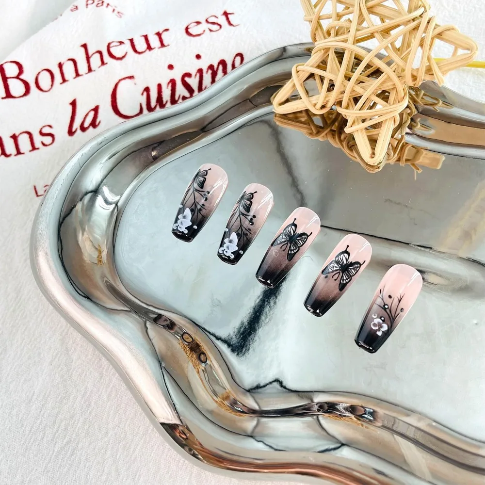 Medium Square False Nails with French Tip, Butterfly Pattern, and Ombre Effect for Women