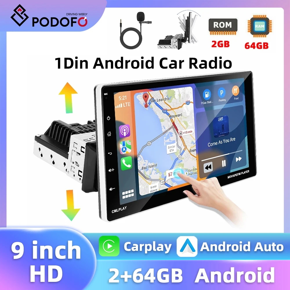 Podofo 9Inch 2+64G Multimedia Player 1Din Android Car Stereo Carplay Android Auto GPS Navigation WIFI 4Core FM/RDS BT Car Audio