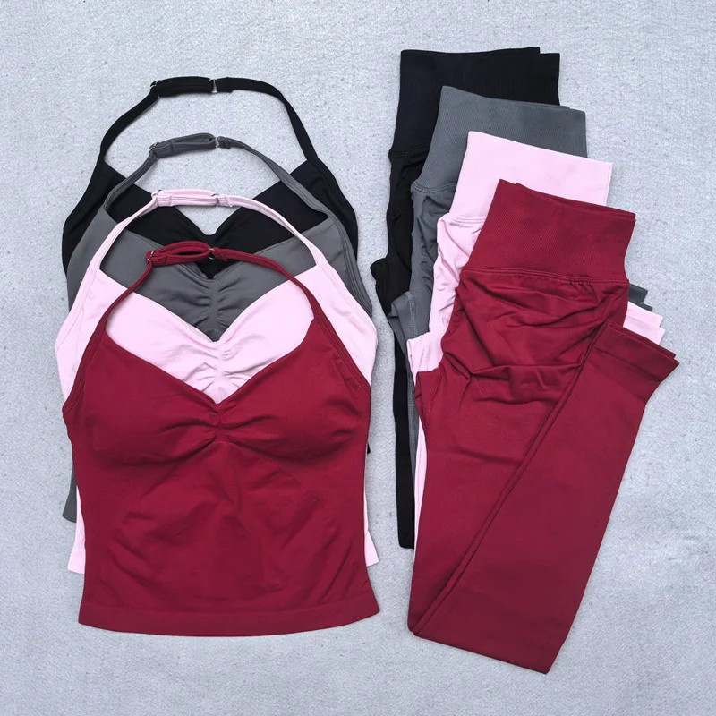 Seamless Yoga Set Women 2Pcs Padded Halter Tank Top Scrunch Butt Lifting Gym Leggings Set Woman Sportswear Workout Clothes