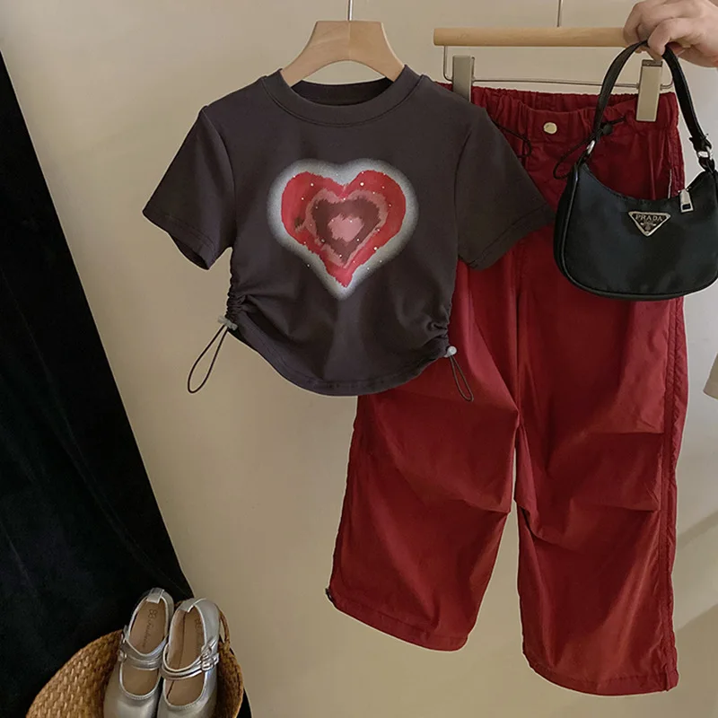 

Girls T-shirt 2024 Summer New Love Short Sleeved Pants Trend Casual Simple Fashion Loose Sweet Korean Active Vintage Cool Soft