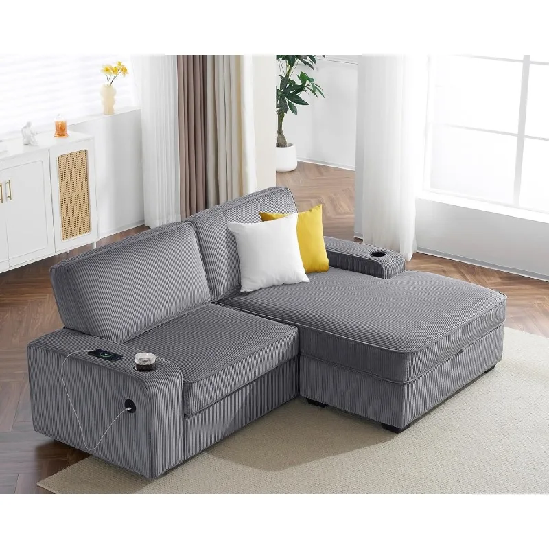 Sofa, 89 inch Couch with USB Charging Port & Cup Holders, Convertible Couch with Storage Chaise, L Shape Sofa