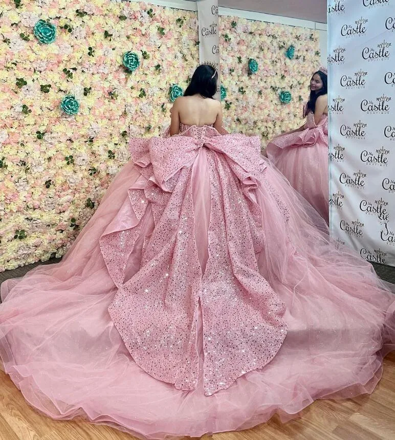 Vestidos de Quinceañera de princesa rosa brillante, corsé con volantes de mariposa de Gillter, con cordones de xv años, oro rosa, dulce 16