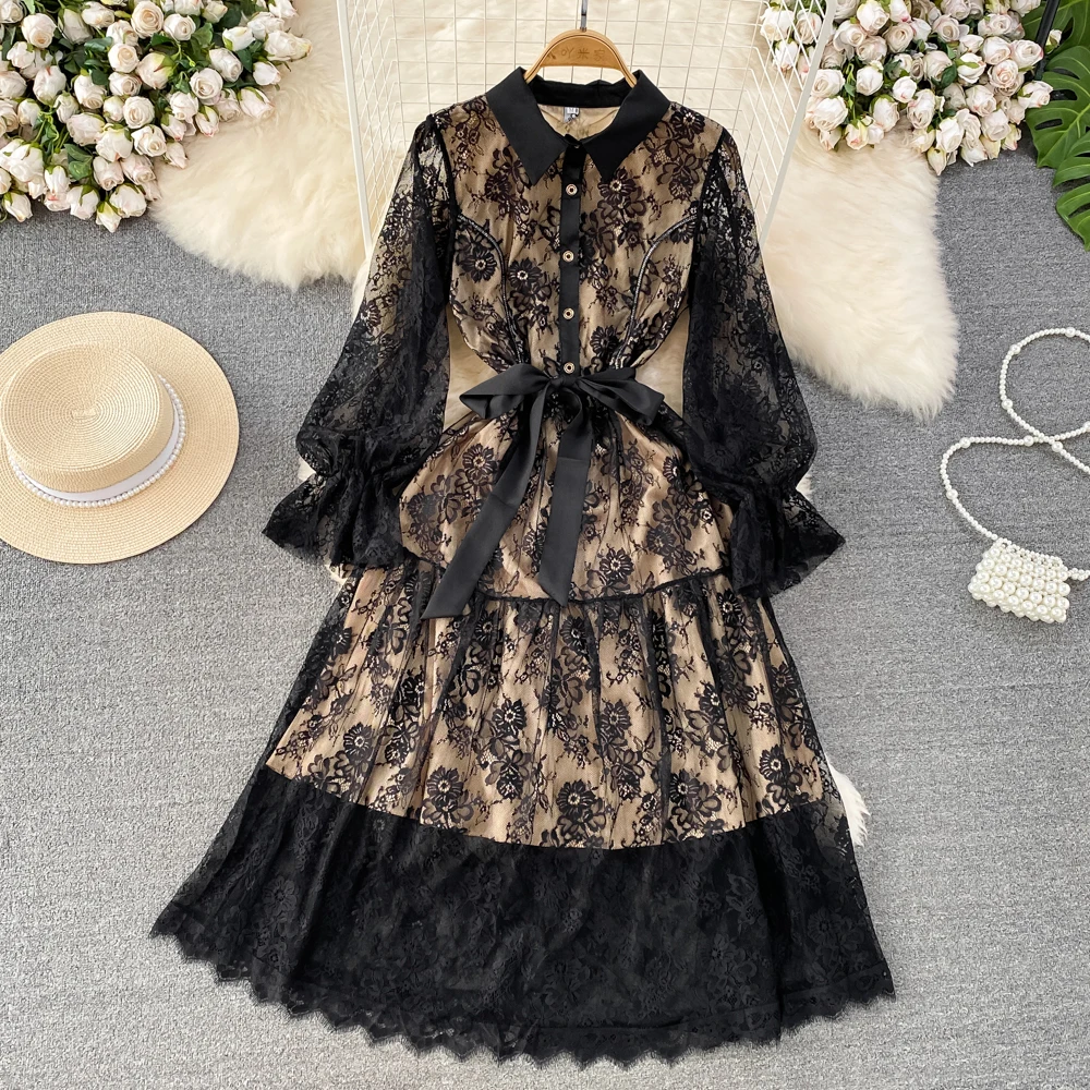

New Elegant Spring Summer Black Lace Long Dress Women Single Breasted Lapel Flare Sleeve Flower Lace Up Hollow Out Shirt Dresses