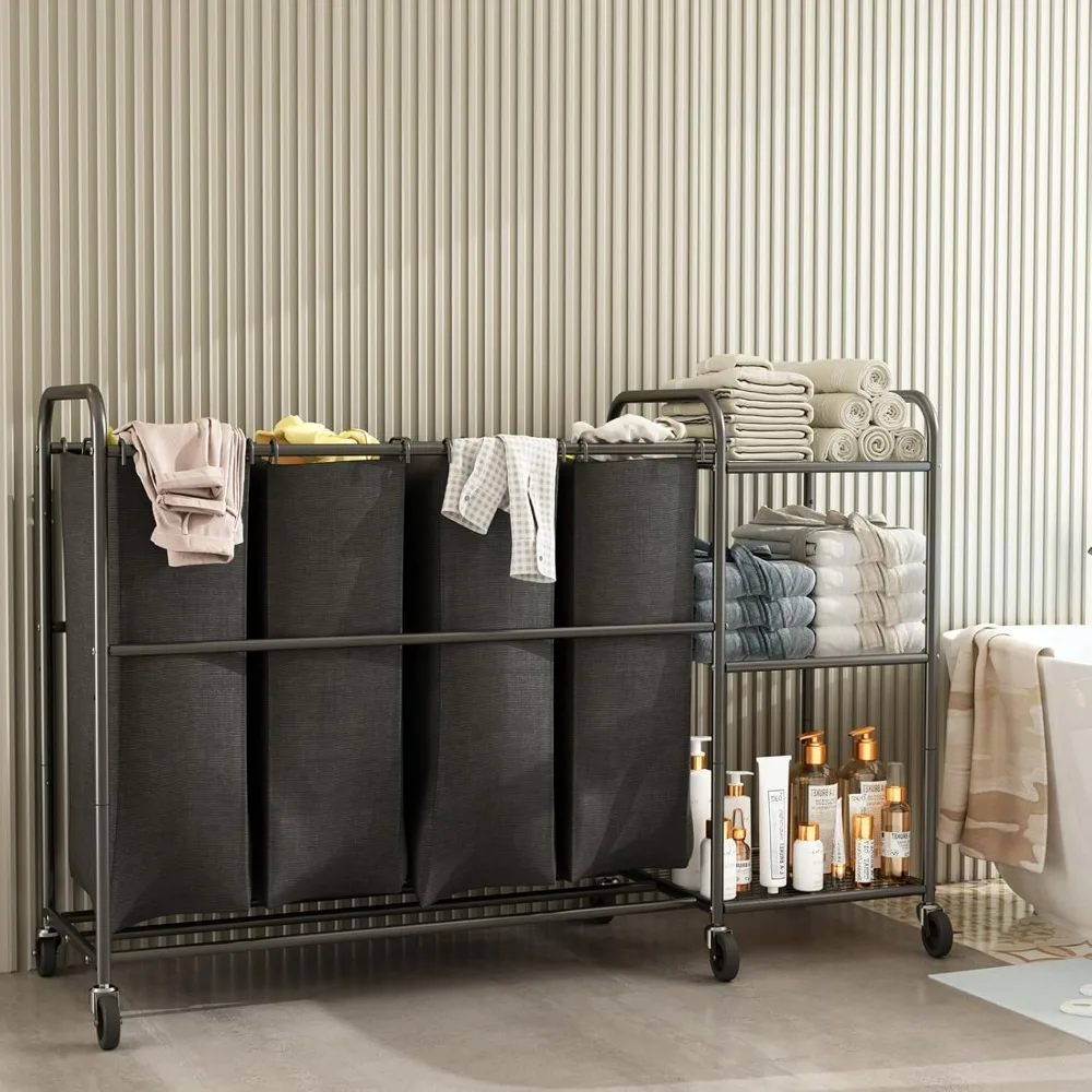 

【4 Bag】Laundry Sorter Cart with Storage Shelf, Rolling WheelsLaundry Organizer Basket Laundry Clothes Hamper, Black