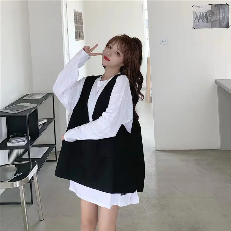 Shirt +Vest Set Big Size Women Clothing Loose Long Sleeve Shirts Lady Autumn Spring Oversize Female Blouses Tops Girls Clothes
