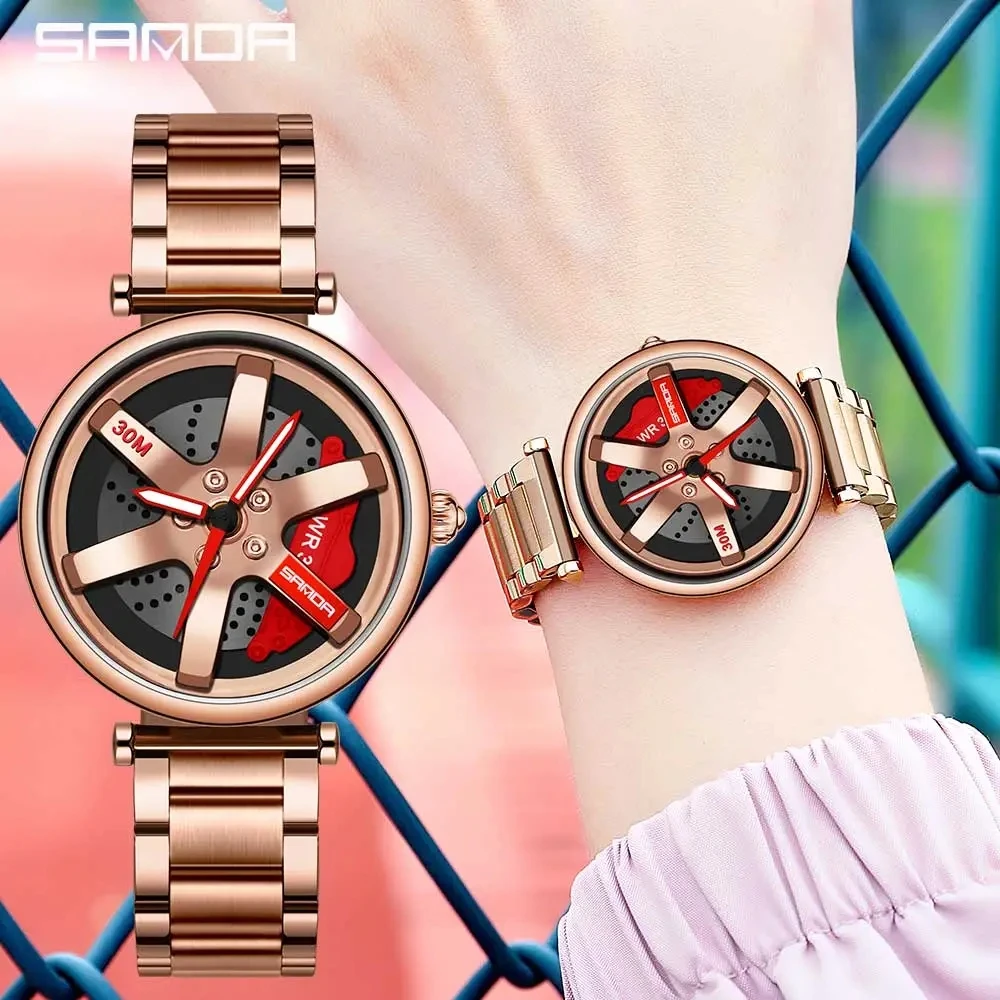 SANDA 1073 moda donna orologi per il tempo libero Sport Car Wheel Hub orologio impermeabile 360 quadrante rotante orologio da polso al quarzo da donna in acciaio inossidabile