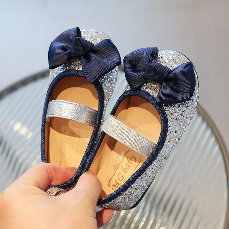 

Kids Princess Girls Spring Autumn Shallow Sequins Shoes Girls Ribbon Bow Breathable Children Elastic Soft Soles Beanie Shoes