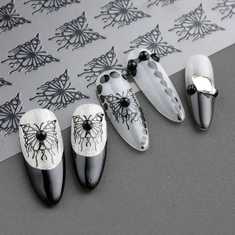 3D papillon ongle autocollant holographique noir blanc or argent papillons ongles curseurs Y2K conception manucure décalcomanies décor GLSO-199