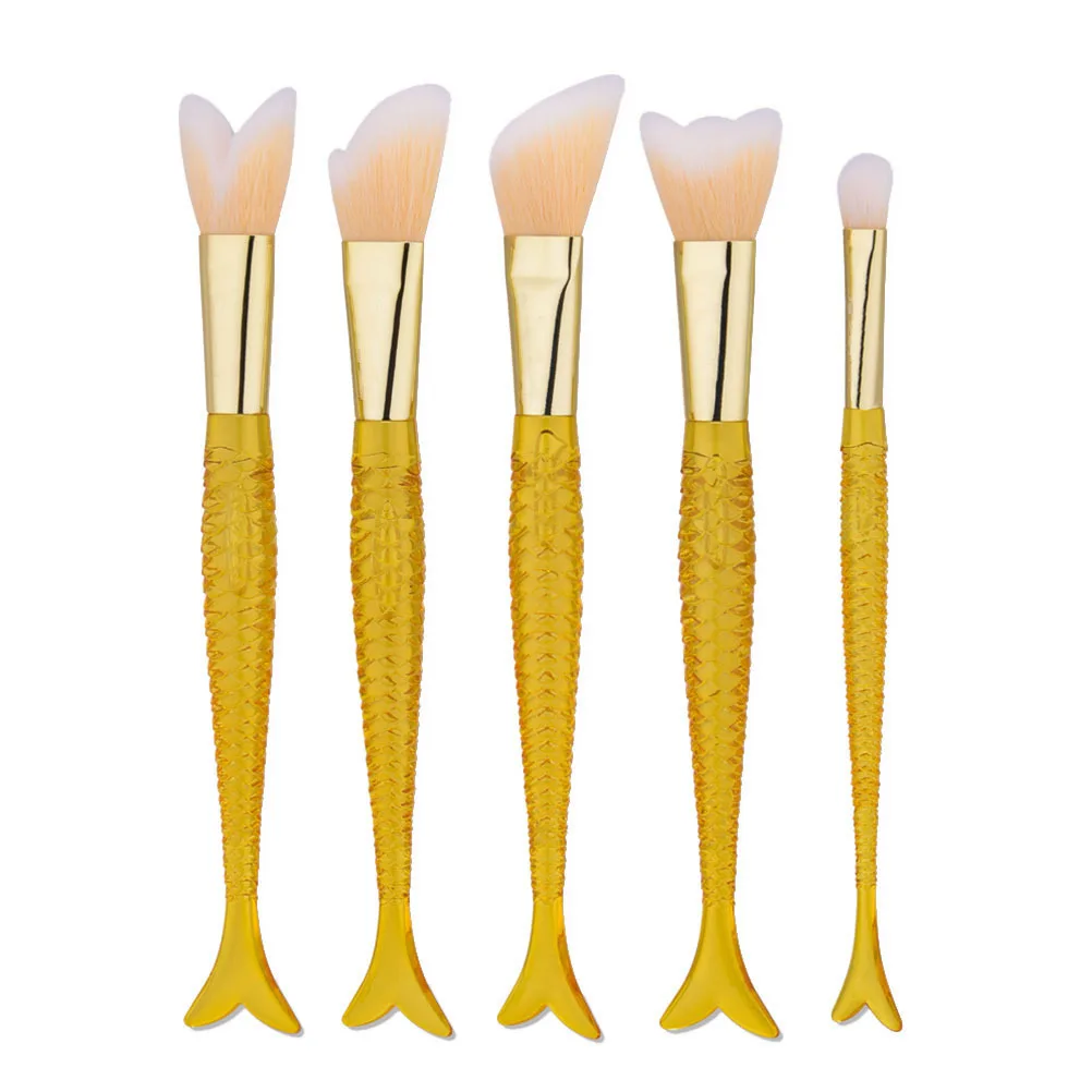 

5Pcs Professional Makeup Brush Set Ergonomic Mermaid Shaped Handles Multi Purpose for Foundation Powder Blush Eyeshadow