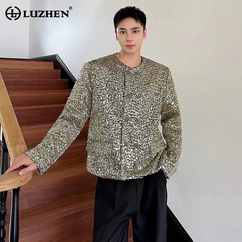 

LUZHEN Trend Короткая куртка с круглым вырезом и блестками, персонализированная дизайнерская одежда для выступлений на сцене, модная уличная оригинальная мужская куртка LZ5653