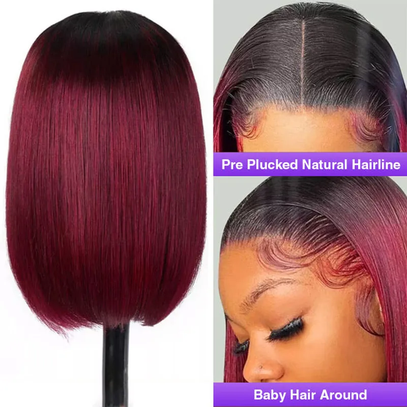 Wine Red Bob Wigs for Women Straight Ombre Red With Dark Roots 1B/99J Bob Wig Bone Straight No bangs Colored Wigs