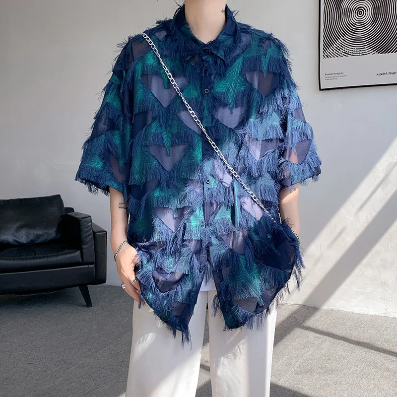 

2025 Men Sexy Tassel Shirts Men Short Sleeve Shirt Men Korean Style Top Unisex Summer Turn-down Collar Handsome Shirts