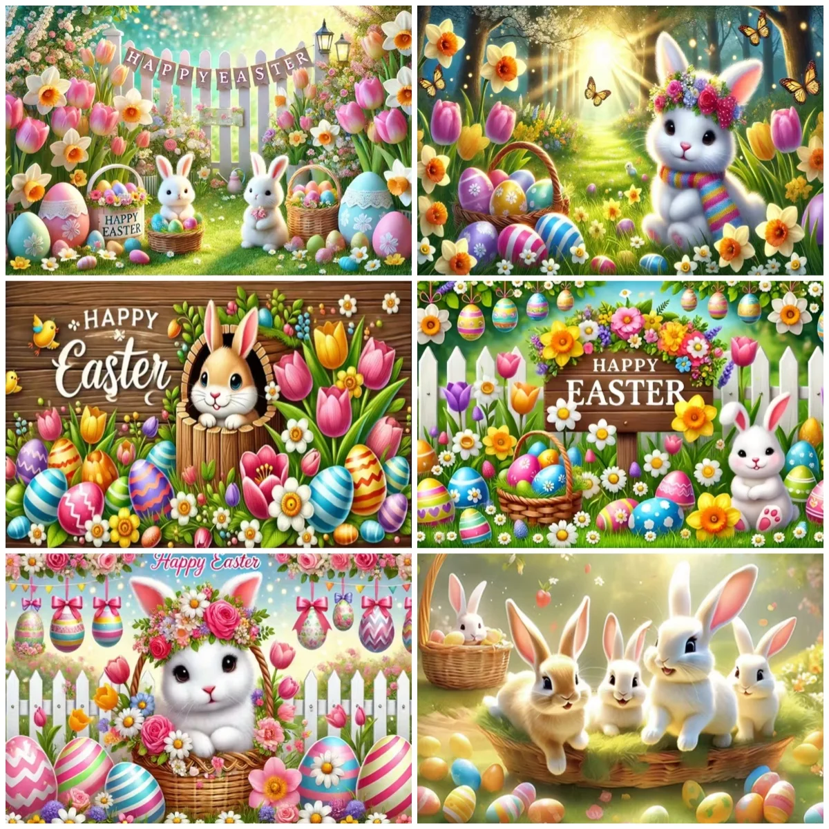 

Happy Easter Backdrops Vibrant Cute Cartoon Bunny Party Decorations Colorful Eggs Flowers Supplies Photography Background Props