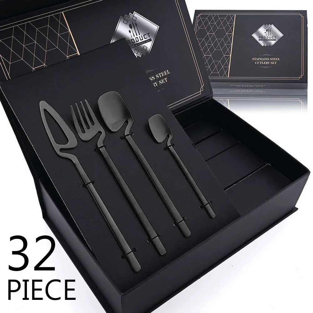 

For 32pcs Black Matte Cutlery Set 304 Stainless Steel Dinnerware Set Knife Fork Spoon Dinner Set Bar Party Kitchen Tableware Gif
