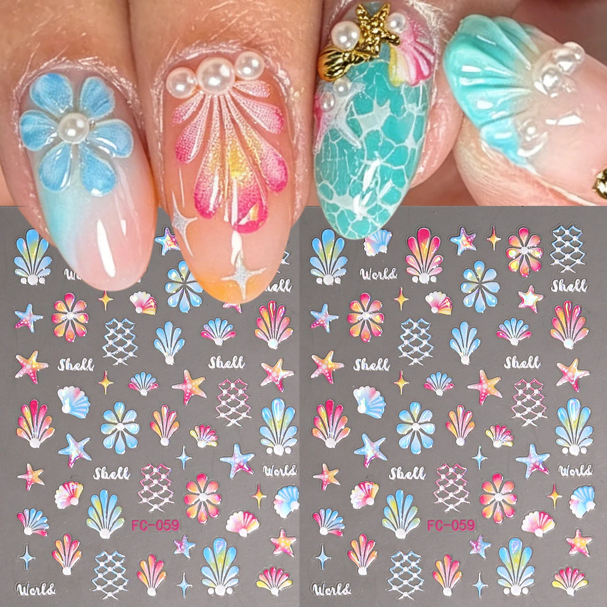Summer Ocean-Themed Nail Stickers Featuring Colorful Seashells, Starfish, Conch, Coral, and Other Marine-Themed Nail Art.