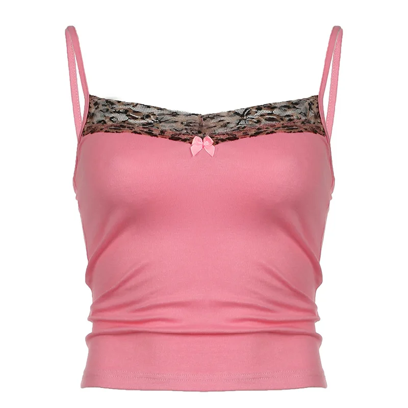 Vintage Leopard Print Stitched Crop Top Women Casual Sleeveless Cute Bow Patchwork Strap Tees y2k Summer Crop Tops Ladies image 5