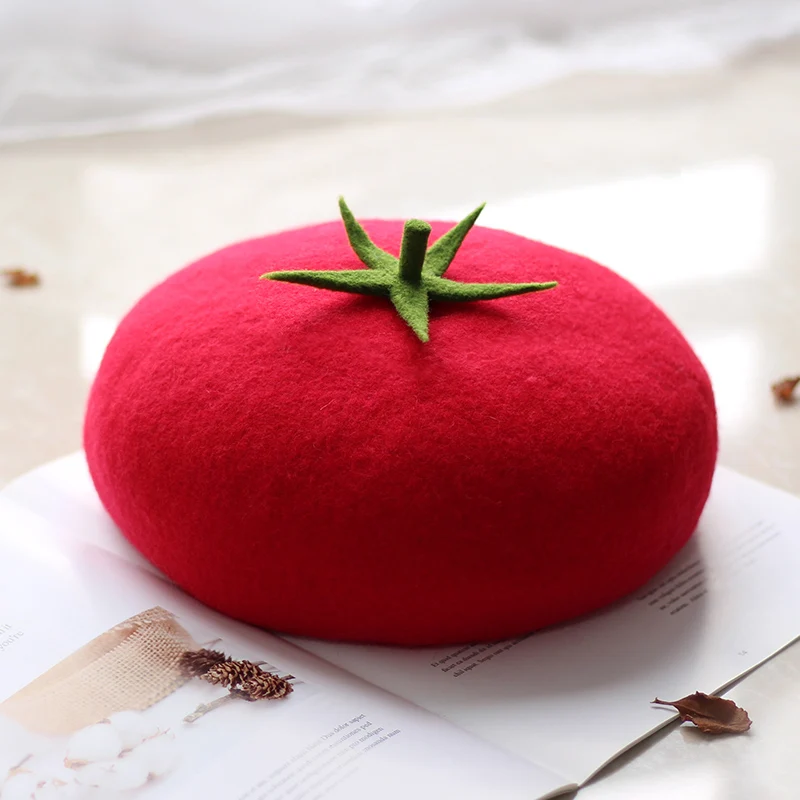 Autumn Winter Red Painter Hat Girl Sesame Seed Cake Hat Woolen Sweet Fruit Beret Lucky Persimmon