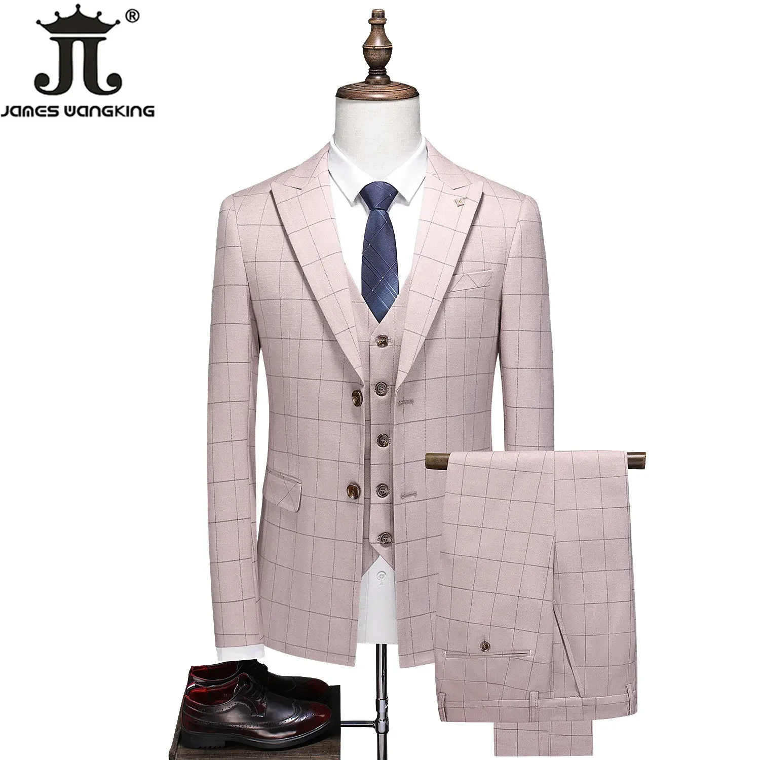 ( Jacket + Vest + Pants ) 2024 New Fashion Boutique Plaid Mens Casual Business Suit Groom Wedding Dress Formal Slim Plaid Suit