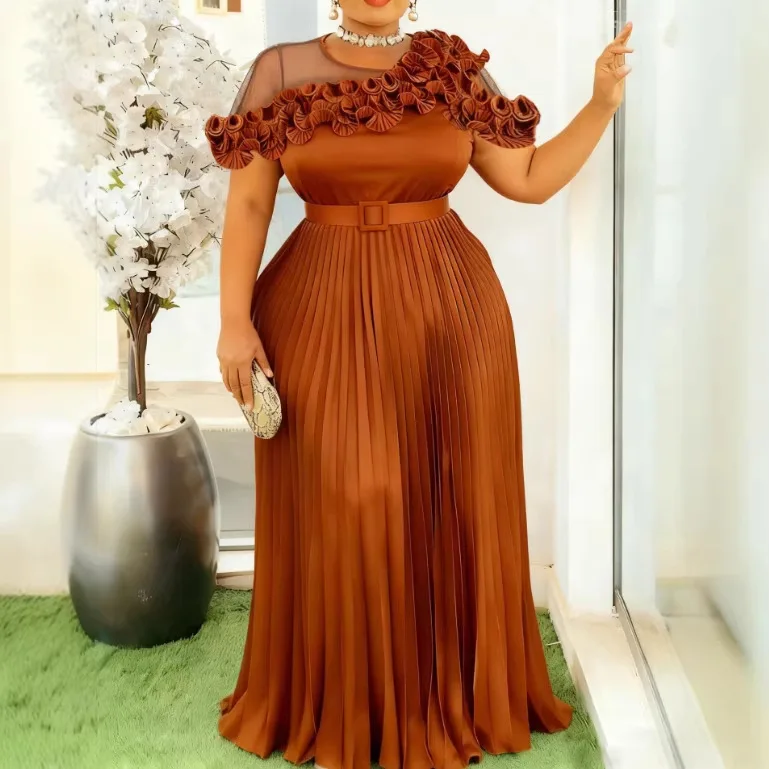 African Party Dresses Plus Size Women's Mesh Patchwork Ruffle Dress Waist-cinching Pleated Long High-end Feel Banquet Gown 2026