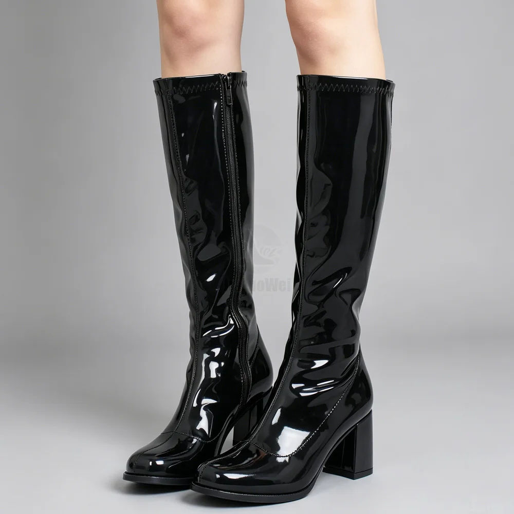 Jialuowei donna gogo stivali tacco quadrato stivali classici con punta quadrata alti stivali con Zip in pelle PU scarpe da ballo unisex per abiti da