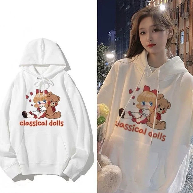

Pink Printed Cartoon Classic Retro Bear Fleece Hooded Sweatshirt for Women, Japanese-style Childlike Fun Long-sleeved Pullover