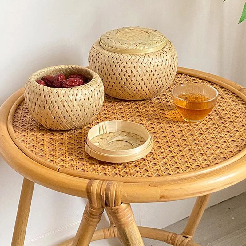 Bamboo Storage Basket With Lid Double Layer Handmade Woven Tea Basket Tabletop Storage Box for Tea Fruit Dried Fruit Snack Food