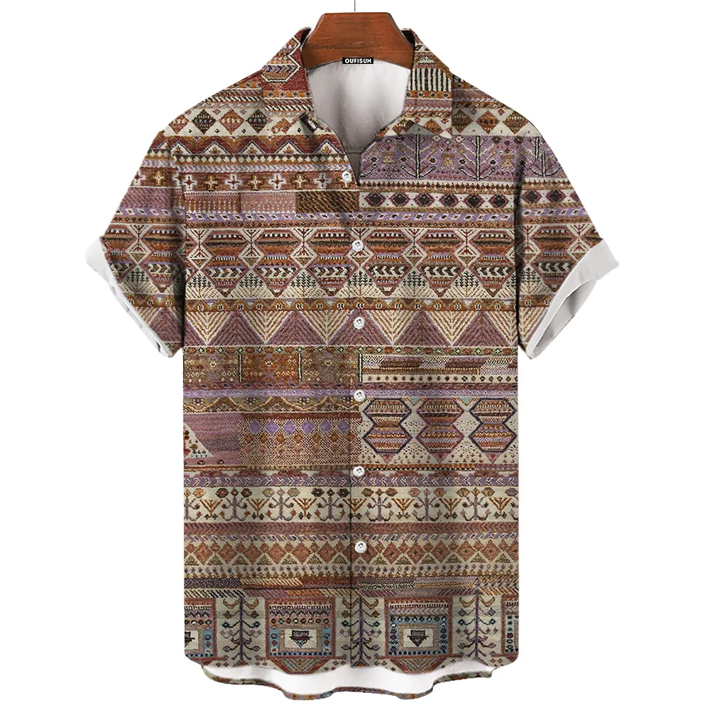 Vintage Hawaiian Shirts For Men Ethnic Pattern Print Lapel Blouse Fashion Casual Womens Clothes Short Sleeve Oversized Tees Tops