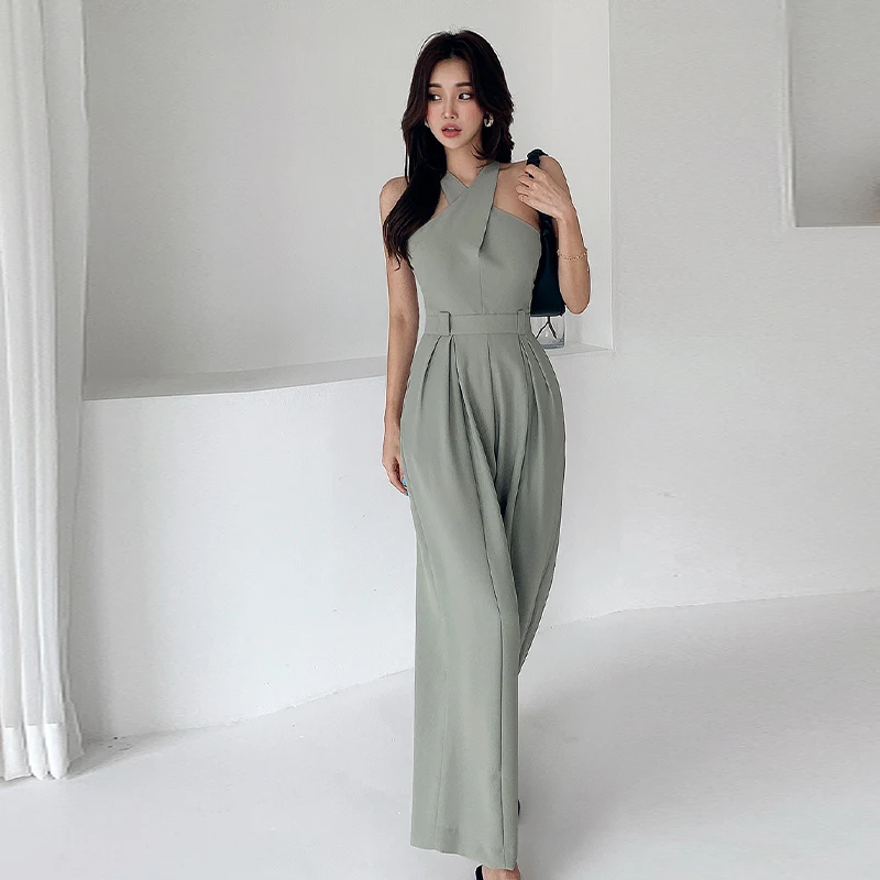 2024 Korean Fashion Edition New Spring Summer Slim Fit Cross Collar Sleeveless Waist Wrapped Slim Long Pants Straight Jumpsuit