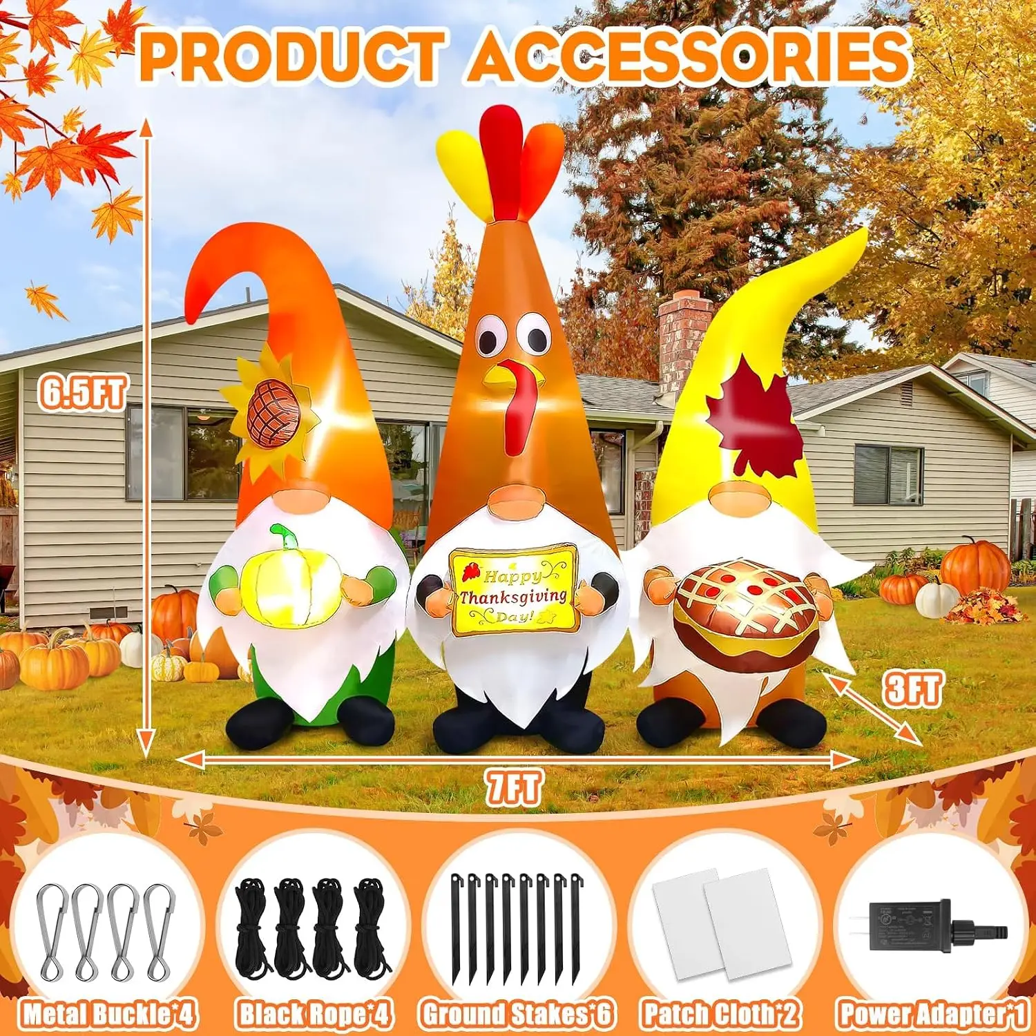 7FT Thanksgiving Day Inflatable Gnome Trio with LED Light, Fall Harvest Outdoor Decoration, Blow-Up Yard Inflatable for Lawn, Home, Autumn Holiday Party