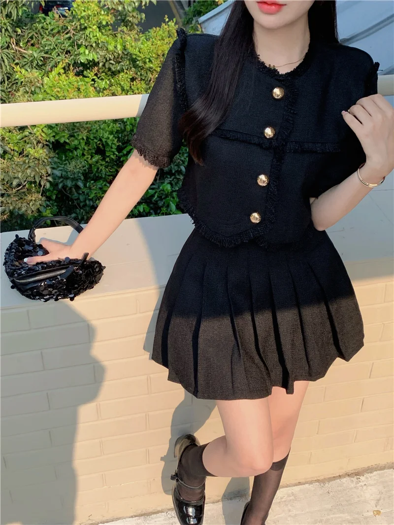 Women New Temperament Xiao Xiang Feng Pink Black Tassels Patchwork Single Breasted Short Sleeve+High Waist Pleated Skirts Suits