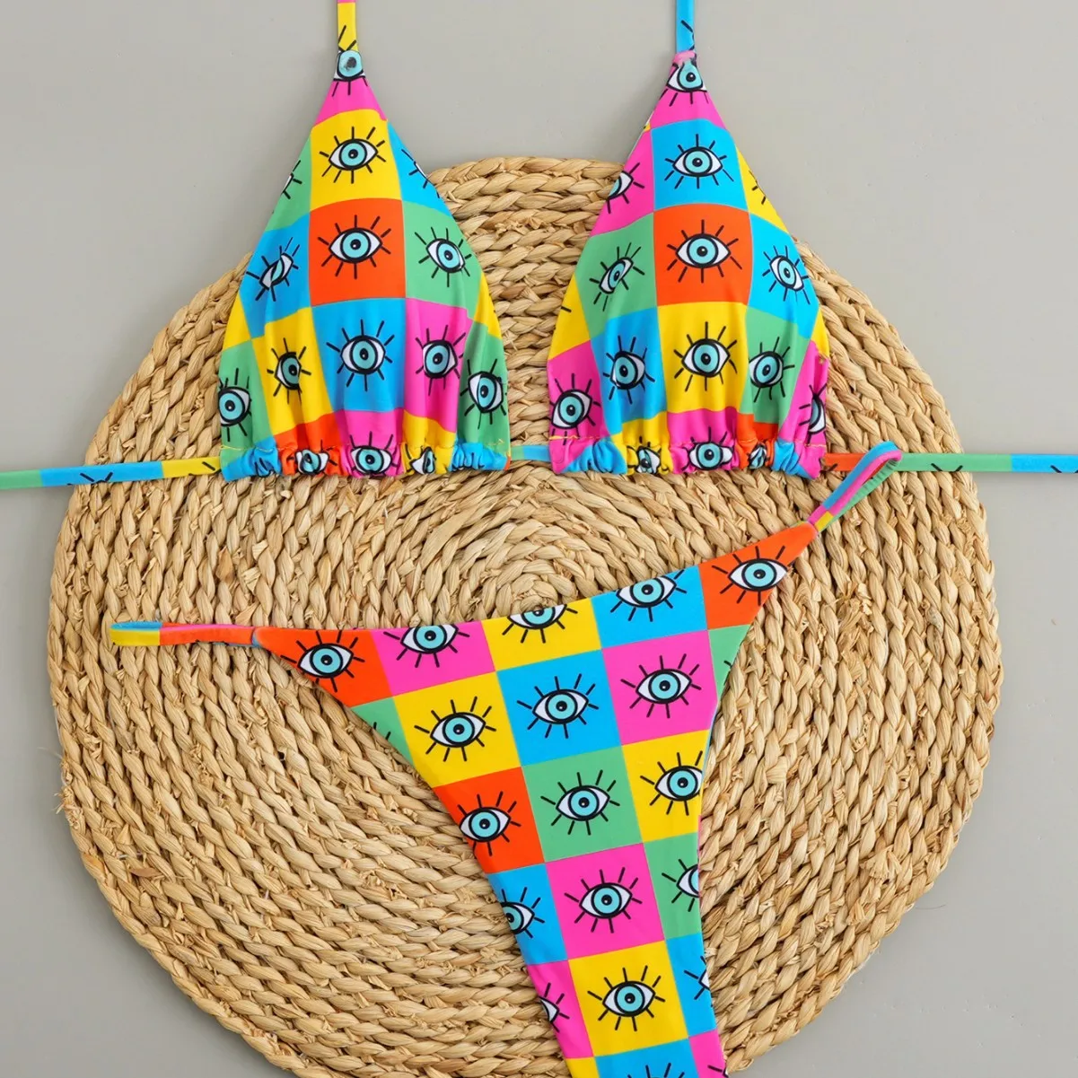 مثير مثلث رفع ثوب سباحة مثير الجانب سلسلة ثونغ البيكينيات النساء الكرز عيون طباعة المايوه مبطن ملابس السباحة ملابس الشاطئ #1