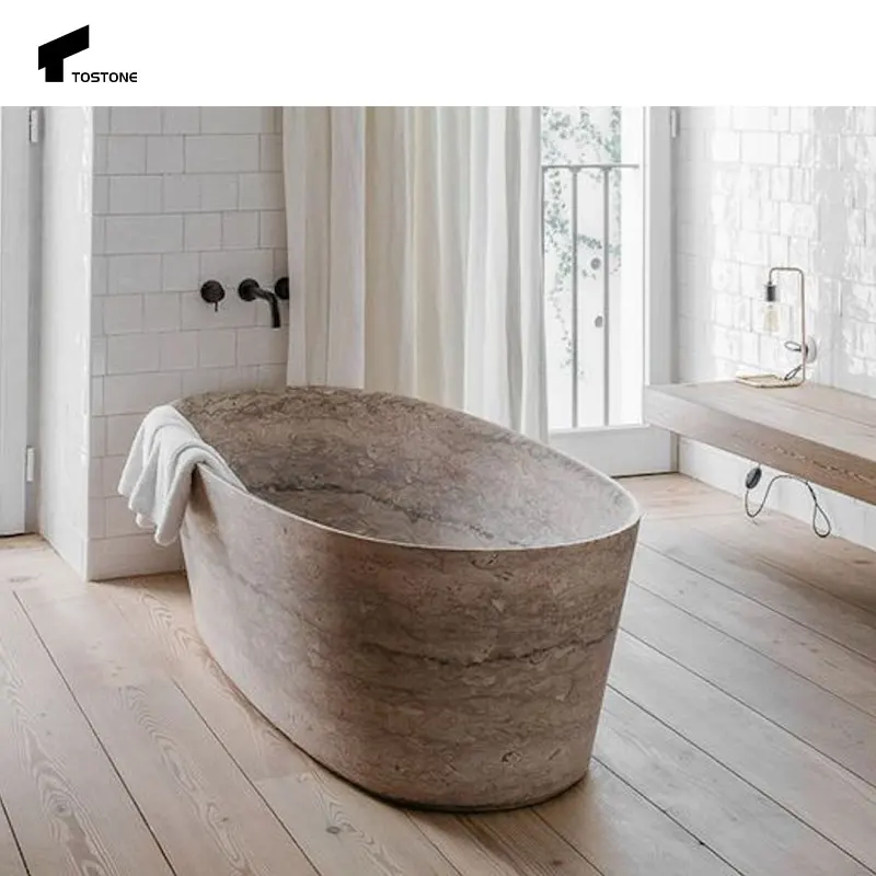 Tostone High Quality Freestanding Grey Tone Marble Bathtub for Indoor Villa Bathrooms Natural Stone Design for Luxury Bathrooms