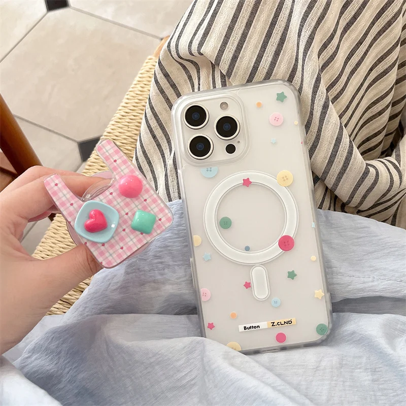 한국 컬러 스타 물방울 무늬 마그네틱 폰 케이스 아이폰 16 Pro 15 14 13 Pro Max 커버 (매그세이프 스탠드 홀더 포함) 귀여운 케이스 16