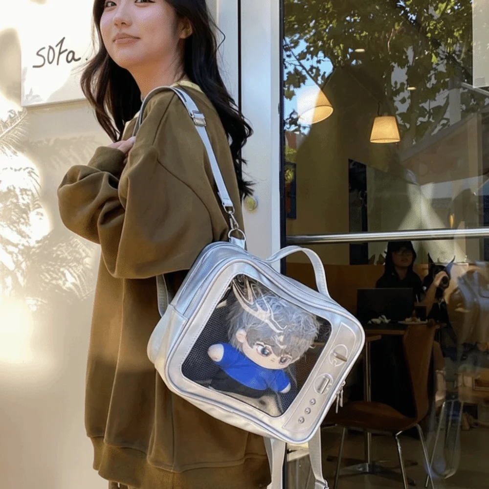 

Cute PU TV Model Backpack Ulzzang Large Capacity Transparent Layer Ita Bag Hand-held Crossbody Bag Shoulder Bag Women